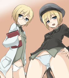 Rule 34 | 2girls, aqua eyes, bad id, bad pixiv id, blush, erica hartmann, glasses, hat, momio, multiple girls, no pants, open mouth, panties, siblings, sisters, strike witches, strike witches: suomus misfits squadron, underwear, ursula hartmann, white panties, world witches series