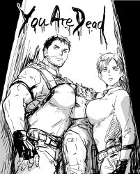 Rule 34 | 1girl, 2boys, belt, between breasts, between pecs, between pectorals, breasts, chris redfield, english text, face to pecs, facial hair, fingerless gloves, gloves, greyscale, head between pecs, highres, holster, jill valentine, kuconoms, large breasts, large pectorals, long hair, monochrome, multiple boys, muscular, muscular male, pants, pectorals, piers nivans, ponytail, resident evil, shirt, short hair, shoulder holster