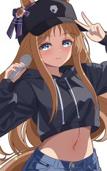 Rule 34 | 1girl, 96dai 0313, absurdres, animal ears, baseball cap, black hat, breasts, brown hair, commentary request, cropped hoodie, denim, ear ornament, ears through headwear, grass wonder (umamusume), hat, highres, holding, holding microphone, hood, hoodie, horse ears, horse girl, horse tail, jeans, long hair, long sleeves, microphone, midriff, multicolored hair, navel, pants, simple background, small breasts, smile, solo, streaked hair, tail, umamusume, umayuru, v, white background, white hair