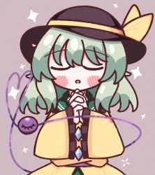 Rule 34 | 1girl, :o, absurdres, blush stickers, bow, buttons, closed eyes, collar, diamond button, frilled collar, frilled sleeves, frills, green hair, green skirt, hat, hat bow, heart, heart of string, highres, komeiji koishi, long sleeves, open mouth, purple background, shirt, short hair, simple background, skirt, solo, star (symbol), third eye, touhou, waroemon, yellow bow, yellow shirt