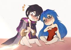 Rule 34 | 1boy, 1girl, bad id, bad twitter id, bare arms, bare legs, blue hair, blush, caught, chibi, cloak, clothes pull, unworn clothes, colorized, couple, dress, dress pull, evomanaphy, fire emblem, fire emblem: the binding blade, fire emblem awakening, fire emblem heroes, highres, indoors, interrupted, lilina (fire emblem), morgan (fire emblem), morgan (male) (fire emblem), nervous, nintendo, no mouth, no nose, opening door, purple hair, red dress, scared, strapless, strapless dress, surprised, sweatdrop, walk-in, wardrobe malfunction, wide-eyed, worried