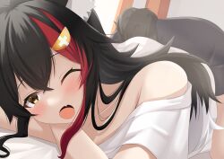 Rule 34 | 1girl, absurdres, animal ear fluff, animal ears, black hair, black skirt, blush, fang, hair ornament, hairpin, highres, hololive, long hair, looking at viewer, multicolored hair, one eye closed, ookami mio, open mouth, red hair, shirt, skin fang, skirt, solo, streaked hair, tail, tyamiy1017, virtual youtuber, white shirt, wolf ears, wolf girl, wolf tail, yellow eyes
