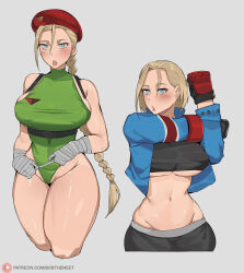 Rule 34 | 1girl, alternate breast size, antenna hair, ass, bandages, bare shoulders, beret, black sports bra, blonde hair, blue eyes, blue jacket, blush, bob (bobtheneet), braid, braided ponytail, breasts, cameltoe, cammy white, chest harness, covered erect nipples, crop top, cropped jacket, cropped legs, curvy, fingerless gloves, forehead, gloves, green leotard, groin, harness, hat, highleg, highleg leotard, jacket, large breasts, leotard, lips, long hair, looking at viewer, lowleg, lowleg pants, medium hair, midriff, mma gloves, multiple views, navel, pants, patreon username, plump, sideboob, simple background, sports bra, street fighter, street fighter 6, street fighter ii (series), stretching, thick thighs, thighs, underboob, very long hair