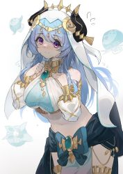 Rule 34 | 1girl, absurdres, bare shoulders, blue bow, blue hair, blush, bow, breasts, brooch, cosplay, cowboy shot, crop top, detached sleeves, flying sweatdrops, fungi (genshin impact), ganyu (genshin impact), genshin impact, hands on own chest, highres, horns, jewelry, large breasts, long hair, long sleeves, looking at viewer, midriff, navel, nilou (genshin impact), nilou (genshin impact) (cosplay), nose blush, purple eyes, simple background, smile, solo, standing, stomach, veil, very long hair, white background, yamasede neiko