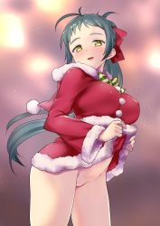 Rule 34 | 1girl, antenna hair, blurry, blurry background, blush, bottomless, bow, breasts, christmas, cleft of venus, clothes lift, dress, dress lift, fur trim, green eyes, green hair, hair bow, highres, hood, hood down, irako (kancolle), kantai collection, large breasts, lifted by self, long hair, long sleeves, open mouth, pom pom (clothes), ponytail, pussy, rampage 2nd, red bow, santa costume, solo