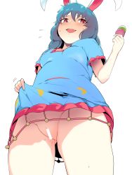 Rule 34 | 1girl, absurdres, animal ears, banned artist, bar censor, blue dress, blue hair, blush, breasts, censored, clothes lift, dango, dress, dress lift, embarrassed, flying sweatdrops, food, from below, gluteal fold, groin, hekiga (freelot), highres, lifted by self, long hair, looking at viewer, looking down, open mouth, rabbit ears, red eyes, seiran (touhou), short sleeves, simple background, small breasts, solo, standing, sweat, sweatdrop, teeth, thighs, touhou, upper body, upper teeth only, wagashi, white background