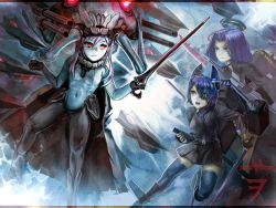 Rule 34 | 10s, 3girls, abyssal ship, bad id, bad pixiv id, battle, bodysuit, boots, cape, covered navel, enemy aircraft (kancolle), eyepatch, fencing, fingerless gloves, glaive (polearm), gloves, glowing, glowing eyes, halo, hat, headgear, highres, kantai collection, long hair, mechanical halo, monster, multiple girls, open mouth, pale skin, personification, polearm, purple eyes, purple hair, ramudayajirushi, school uniform, short hair, silver hair, skirt, sword, tatsuta (kancolle), tenryuu (kancolle), thighhighs, weapon, wo-class aircraft carrier, yellow eyes