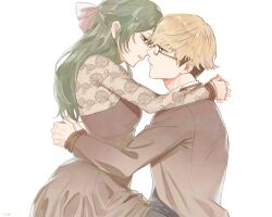 Rule 34 | 1boy, 1girl, alternate costume, alternate hairstyle, arms around neck, arms around waist, blonde hair, bound, bound wrists, bow, breasts, brown dress, brown jacket, dashimakick, dress, face-to-face, floral print, from side, glasses, green hair, hair bow, imminent kiss, jacket, lace shirt, land (sousou no frieren), long hair, medium breasts, print shirt, see-through, see-through shirt, shirt, short hair, simple background, sousou no frieren, strapless, strapless dress, ubel (sousou no frieren), upper body, white background, white bow