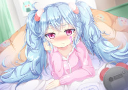 Rule 34 | 1girl, aimaina, alarm clock, bad id, bad pixiv id, bed, blanket, blue hair, blush, clock, facial tattoo, hatsune miku, head rest, long hair, lying, noda shuha, on stomach, pink eyes, ringed eyes, slow motion (vocaloid), solo, tattoo, twintails, vocaloid