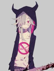 Rule 34 | 1girl, bandaid, bandaid on face, baseball bat, blood, grey background, hair over one eye, higa423, highres, holding, hood, hoodie, long hair, looking at viewer, nail, nail bat, original, pantyhose, red eyes, red pantyhose, shirt, shoes, silver hair, simple background, sneakers, solo, tears, unzipped, white shirt, zipper