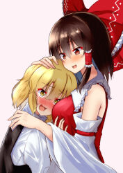 Rule 34 | 2girls, :d, bare shoulders, between breasts, black vest, blonde hair, blush, bow, braid, grabbing another&#039;s breast, breasts, brown hair, collared shirt, commentary request, detached sleeves, frilled bow, frills, from side, grabbing, hair bow, hair tubes, hakurei reimu, hand on another&#039;s head, hand on another&#039;s shoulder, head between breasts, highres, kirisame marisa, large breasts, looking at another, medium hair, mukkushi, multiple girls, no headwear, open mouth, red bow, red eyes, red shirt, shirt, simple background, single braid, sleeveless, sleeveless shirt, smile, sweatdrop, touhou, turtleneck, upper body, vest, white background, white shirt, yellow eyes, yuri