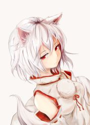 Rule 34 | 1girl, animal ears, detached sleeves, dutch angle, highres, inubashiri momiji, japanese clothes, long sleeves, looking at viewer, lumo 1121, no headwear, no headwear, pom pom (clothes), red eyes, shirt, short hair, simple background, solo, tail, touhou, turtleneck, upper body, white hair, wolf ears, wolf tail