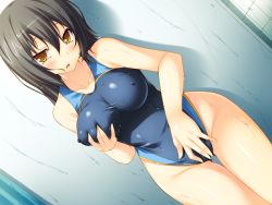 Rule 34 | 1girl, black hair, blush, grabbing another&#039;s breast, breasts, competition swimsuit, game cg, grabbing, houou minagi, large breasts, long hair, one-piece swimsuit, saiin security seicom, grabbing own breast, softhouse-seal, suterii, swimsuit, tagme, thigh gap, thighs, wet, yellow eyes