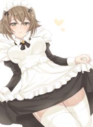 Rule 34 | 10s, 1girl, alternate costume, blush, breasts, brown hair, clothes lift, garter straps, green eyes, headdress, heart, jiino, kantai collection, looking at viewer, maid, maid headdress, mutsu (kancolle), open mouth, short hair, skirt, skirt lift, solo, thighhighs, white background, white thighhighs