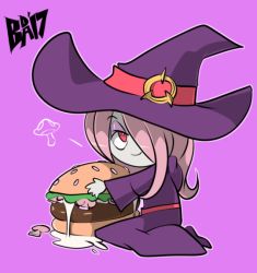 Rule 34 | 10s, 1girl, bigdead, chibi, food, from side, full body, burger, little witch academia, pink background, pink hair, red eyes, simple background, smile, solo, sucy manbavaran, tagme