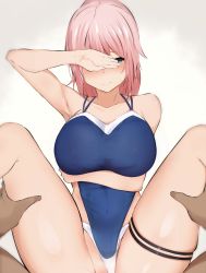 Rule 34 | 1boy, 1girl, arm under breasts, bad id, bad pixiv id, blue eyes, blue one-piece swimsuit, blush, breast hold, breasts, closed mouth, clothing aside, commentary request, competition swimsuit, covering face, grey background, halterneck, hetero, highres, implied sex, large breasts, long hair, looking at viewer, lying, m legs, narusan beam2, on back, one-piece swimsuit, out-of-frame censoring, pink hair, pov, shionne (tales), simple background, skindentation, solo focus, spread legs, swimsuit, swimsuit aside, tales of (series), tales of arise, thigh strap
