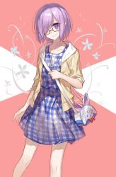 Rule 34 | 1girl, bad id, bad pixiv id, bag, blue dress, blush, brown-framed eyewear, casual, character doll, chocoan, closed mouth, collarbone, dress, fate/grand order, fate (series), floral background, fou (fate), glasses, hair over one eye, hand up, hood, hoodie, looking at viewer, mash kyrielight, mash kyrielight (senpai killer outfit), official alternate costume, open clothes, open hoodie, pink background, plaid, plaid dress, purple eyes, purple hair, satchel, semi-rimless eyewear, short hair, smile, solo, standing, two-tone background, under-rim eyewear, white background, white dress