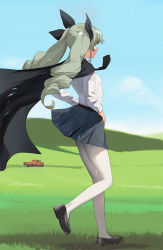 Rule 34 | 1girl, a1 (initial-g), anchovy (girls und panzer), black cape, black footwear, black ribbon, black skirt, blouse, blue sky, cape, cloud, day, girls und panzer, grass, green hair, hair ribbon, landscape, long hair, long sleeves, motor vehicle, outdoors, pantyhose, pickup truck, ribbon, shirt, shoes, skirt, sky, solo, standing, standing on one leg, truck, white pantyhose, white shirt