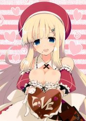 Rule 34 | 1girl, apron, bare shoulders, blonde hair, blue eyes, breast press, breasts, candy, chocolate, chocolate heart, cleavage, food, gloves, hair ornament, hairclip, hat, heart, highres, large breasts, long hair, looking at viewer, maid, maid apron, open mouth, senran kagura, smile, solo, valentine, yomi (senran kagura)