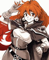 Rule 34 | 1girl, armor, artist name, cape, earrings, gloves, jewelry, lina inverse, long hair, looking at viewer, miss faves, orange hair, pauldrons, red eyes, red hair, shoulder armor, simple background, slayers, smile, solo, white background