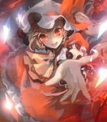Rule 34 | 1girl, ascot, bad id, bad twitter id, blonde hair, blurry, bow, crystal, fangs, flandre scarlet, glowing, hat, hat bow, looking at viewer, mob cap, no-kan, open mouth, outstretched arm, puffy sleeves, red eyes, shirt, short hair, short sleeves, side ponytail, skirt, skirt set, smile, solo, touhou, wings