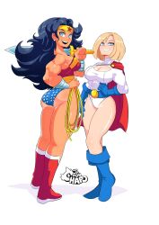 Rule 34 | ass, black hair, blonde hair, blue eyes, boots, breasts, dc comics, highres, huge ass, large breasts, long hair, power girl, short hair, smile, sonchapo, sword, weapon, whip, wonder woman