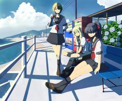 Rule 34 | 10s, 3girls, :&lt;, :d, :|, akemi homura, bag, beach, bench, between legs, black eyes, black hair, black legwear, blonde hair, blue eyes, bow, brown eyes, bug, building, bush, cameo, can, choker, closed mouth, cloud, coca-cola, collarbone, corrugated galvanized iron sheet, crossed legs, day, dragonfly, drink can, duffel bag, flat chest, flower, green tea, grin, hair between eyes, hair bow, hair ornament, hand between legs, hand on own hip, happy, highres, holding, hydrangea, insect, kaname madoka, landscape, leaf, lens flare, loafers, long hair, looking at viewer, magical girl, mahou shoujo madoka magica, mahou shoujo madoka magica (anime), megaphone, mountain, multiple girls, ocean, open mouth, original, outdoors, outstretched leg, pale color, pepsi, perspective, pink eyes, pink hair, pleated skirt, ponytail, power lines, railing, ribbon choker, sand, school bag, school uniform, serafuku, shade, shadow, shirt, shoes, short hair, sitting, skirt, sky, smile, socks, soda, soda can, speaker, stairs, standing, sunlight, tea, teeth, twintails, vending machine, walking, water, white shirt, wood, yammy (cellblo), yellow eyes