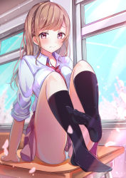 Rule 34 | 1girl, absurdres, black legwear, breasts, brown hair, buntason (buritarooooo), cherry blossoms, classroom, closed mouth, collared shirt, commentary request, contrail, desk, embarrassed, highres, indoors, long hair, medium breasts, necktie, on desk, original, panties, pantyshot, petals, pleated skirt, red eyes, red skirt, school uniform, shirt, sitting, on desk, skirt, solo, thighs, toes, underwear, uniform, white panties, white shirt, window