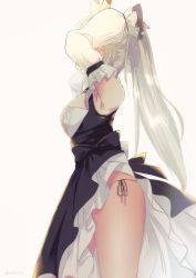 Rule 34 | 1girl, absurdres, adjusting hair, arm behind head, arm up, armpits, ayanami (azur lane), ayanami (nightfall raiment) (azur lane), azur lane, belt, commentary request, covered face, detached sleeves, from side, headgear, highres, long hair, long sleeves, looking away, natsuki (tyuiojl), official alternate costume, panties, ponytail, retrofit (azur lane), side-tie panties, side slit, sidelocks, silver hair, simple background, solo, underwear, white background, wide sleeves