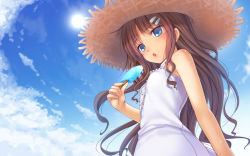 Rule 34 | 1girl, bare shoulders, blue eyes, blush, brown hair, chobipero, cloud, curly hair, day, food, from below, hair ornament, hairclip, hairpin, hat, highres, hot, long hair, original, popsicle, sky, solo, straw hat, sun, sun hat, sweat, wallpaper