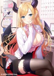 Rule 34 | 1girl, blonde hair, breasts, chair, cleavage, coat, crossed legs, demon girl, demon horns, demon tail, demon wings, highres, hololive, horns, indoors, infirmary, lab coat, lace, lace-trimmed thighhighs, large breasts, long hair, looking at viewer, mairo, office chair, pointy ears, sitting, sleeves past wrists, smile, solo, swivel chair, tail, thighhighs, thumb to mouth, two-sided coat, two-sided fabric, virtual youtuber, wings, yuzuki choco, yuzuki choco (1st costume)