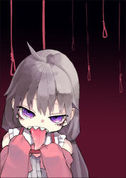 Rule 34 | 1girl, bags under eyes, black background, commentary request, detached sleeves, gradient background, grey hair, half-closed eyes, hands up, highres, holding, holding rope, long hair, long tongue, looking at viewer, low twintails, noose, pink background, purple eyes, ringed eyes, rope, rope around neck, sharp teeth, sleeveless, sleeves past fingers, sleeves past wrists, solo, teeth, tongue, tongue out, tsukuyomi ai, tsurime, twintails, upper body, voiceroid, yunuki uta