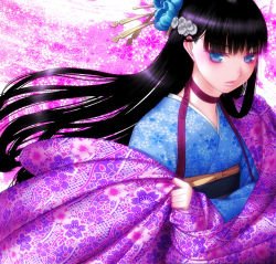Rule 34 | 1girl, black hair, floral print, flower, hair flower, hair ornament, hime cut, japanese clothes, kimono, long hair, obi, original, sakamoto mineji, sash, solo