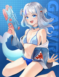 Rule 34 | 1girl, :d, bare shoulders, bikini, blue background, blue eyes, commentary, gawr gura, grey hair, hamonji, highres, hololive, hololive english, jacket, long hair, long sleeves, navel, off shoulder, open clothes, open jacket, open mouth, sharp teeth, sitting, smile, solo, stomach, striped bikini, striped clothes, swimsuit, teeth, thighs, two side up, virtual youtuber, wariza