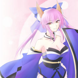 Rule 34 | 10s, 1girl, animal ears, ao (daisuki), bad id, bad pixiv id, bare shoulders, blue dress, bow, breasts, cleavage, collarbone, detached collar, detached sleeves, dress, fate/extra, fate (series), female focus, fox ears, grin, hair between eyes, hair bow, japanese clothes, large breasts, long hair, looking at viewer, neck, parted lips, pink hair, see-through, smile, solo, strapless, strapless dress, tamamo (fate), tamamo no mae (fate/extra), twintails, upper body, veil, wide sleeves, yellow eyes