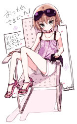 Rule 34 | 00s, 1girl, bare shoulders, blush, brown hair, camisole, chair, choker, deck chair, eyewear on head, green eyes, jewelry, lunaticjoker, necklace, open shoes, rita mordio, sandals, short hair, shorts, solo, sunglasses, tales of (series), tales of vesperia, translation request, tsukigami runa