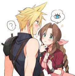 Rule 34 | 1boy, 1girl, ?, aerith gainsborough, armor, bangle, blonde hair, blue eyes, blue shirt, blush, bracelet, braid, braided ponytail, breasts, brown hair, choker, cleavage, cloud strife, cropped jacket, dress, final fantasy, final fantasy vii, furrowed brow, green eyes, hair between eyes, hair ribbon, hand to own mouth, jacket, jewelry, krudears, leaning forward, long hair, looking at viewer, medium breasts, parted bangs, pink dress, pink ribbon, red jacket, ribbon, ribbon choker, shirt, short hair, short sleeves, shoulder armor, sidelocks, single bare shoulder, single braid, single shoulder pad, sleeveless, sleeveless turtleneck, sparkle, spiked hair, spoken question mark, suspenders, sweatdrop, turtleneck, upper body, white background