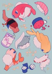 Rule 34 | blue eyes, bright pupils, caviar, creatures (company), cup, fish, food, game freak, green background, highres, nintendo, no humans, oharu-chan, pokemon, pokemon (creature), rice, sushi, tatsugiri, tatsugiri (curly), tatsugiri (droopy), tatsugiri (stretchy), triangle, white pupils