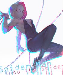 Rule 34 | 1girl, animification, black bodysuit, bodysuit, breasts, copyright name, covered navel, facing viewer, gwen stacy, hand up, highres, lino chang, marvel, mask, medium breasts, midair, outstretched arm, simple background, skin tight, solo, spider-gwen, spider-man: into the spider-verse, spider-man (series), spider-verse, spider web print, string, white background