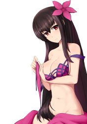 Rule 34 | 1girl, bad id, bad pixiv id, bikini, bikini top only, black hair, bottomless, breasts, cleavage, collarbone, covering privates, covering breasts, fate/grand order, fate (series), fedsnk, flower, groin, hair between eyes, hair flower, hair ornament, highres, holding, long hair, looking at viewer, medium breasts, off shoulder, purple bikini, purple flower, red eyes, scathach (fate), shiny skin, sideboob, simple background, sitting, solo, swimsuit, untied bikini, very long hair, white background