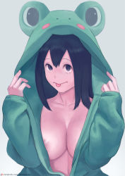 Rule 34 | 1girl, :p, animal costume, animal hood, areola slip, asui tsuyu, bad id, bad twitter id, black eyes, black hair, boku no hero academia, breasts, cleavage, frog costume, frog girl, hood, large breasts, looking at viewer, no bra, plunging neckline, solo, tongue, tongue out, upper body, white background, zefrableu