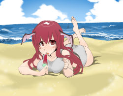 Rule 34 | 1girl, bad id, bad pixiv id, barefoot, bat wings, beach, breasts, day, feet, female focus, food, head wings, highres, koakuma, long hair, lying, medium breasts, nooboo, on stomach, popsicle, red eyes, red hair, sketch, solo, swimsuit, embodiment of scarlet devil, the pose, touhou, water, watermelon bar, wings