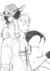Rule 34 | 1boy, 1girl, bandaid, bandaids on nipples, blush, short shorts, breasts, carrying, carrying over shoulder, chest tattoo, cleavage, cowboy hat, freckles, genderswap, genderswap (mtf), hat, hetero, highres, marco (one piece), medium breasts, monochrome, one piece, pasties, portgas d. ace, short hair, short shorts, shorts, shoulder tattoo, tattoo, thigh strap, tiradmisx, tongue, tongue out
