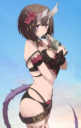Rule 34 | 1girl, arm garter, bare shoulders, bikini, black bikini, blush, breasts, broken horn, brown hair, claw ring, cleavage, collar, commentary, cowboy shot, cup, disposable cup, drinking, drinking straw, eriko (princess connect!), eriko (summer) (princess connect!), flower, hair flower, hair ornament, highres, holding, holding cup, horns, large breasts, looking at viewer, momiji oroshi, multi-strapped bikini bottom, multi-strapped bikini top, navel, o-ring, o-ring bikini, princess connect!, purple eyes, short hair, solo, strap slip, swimsuit, tail, vambraces