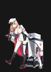 Rule 34 | 1girl, armband, black choker, black footwear, blonde hair, boots, breasts, bright pupils, choker, cleavage, closed mouth, closers, coat, dress, fake horns, gloves, green eyes, halterneck, hat, highres, holding, horns, knee boots, large breasts, leaning forward, long hair, long sleeves, looking at viewer, non-web source, official art, open clothes, open coat, peaked cap, pelvic curtain, short dress, sleeveless, sleeveless dress, solo, soma (closers), spaghetti strap, standing, sweatdrop, thigh strap, thighhighs, thighs, two-tone dress, very long hair, wavy mouth, white coat, white dress, white gloves, white hat, white thighhighs, wing collar, zettai ryouiki
