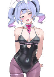Rule 34 | 1girl, animal ears, armband, arms behind back, black armband, black leotard, blue eyes, blue hair, blush, border, bow, bowtie, breasts, commentary request, cowboy shot, cutout above navel, detached collar, fake animal ears, gluteal fold, grey pantyhose, hair intakes, hair ornament, hairband, hatsune miku, highres, large breasts, leotard, looking at viewer, mitsuru (pixiv 34028718), necktie, open mouth, pantyhose, playboy bunny, rabbit ears, rabbit hole (vocaloid), red bow, red bowtie, red necktie, short necktie, simple background, smile, solo, teardrop facial mark, thigh strap, twintails, vocaloid, white background, white hairband, x hair ornament