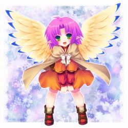 Rule 34 | 1girl, bad id, bad pixiv id, cape, child, dress, fae (fire emblem), feathered wings, fire emblem, fire emblem: the binding blade, minatosaiga, nintendo, open mouth, orange skirt, pointy ears, purple hair, skirt, solo, wings