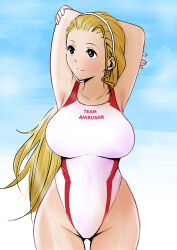Rule 34 | 1girl, absurdres, armpits, arms behind head, awanokami, blonde hair, blue sky, breasts, brown eyes, closed mouth, clothes writing, cloud, cloudy sky, commentary request, competition swimsuit, covering crotch, covering privates, cowboy shot, day, girls und panzer, hair pulled back, hairband, highleg, highleg swimsuit, highres, large breasts, long hair, looking to the side, one-piece swimsuit, outdoors, ponytail, sasaki akebi, sky, smile, solo, standing, swimsuit, very long hair, white hairband, white one-piece swimsuit