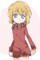Rule 34 | 1girl, blue eyes, brown hair, brown scarf, closed mouth, cowboy shot, dress, frown, haibara ai, ixy, long sleeves, looking at viewer, meitantei conan, outside border, pink background, red dress, scarf, short dress, short hair, solo, standing, striped clothes, striped scarf, sweater, sweater dress