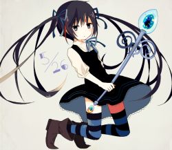 Rule 34 | 1girl, black eyes, black hair, bow, bowtie, boyano, dated, hair bow, hair ribbon, holding, long hair, looking at viewer, original, ribbon, shoes, solo, staff, striped clothes, striped thighhighs, thighhighs, twintails, very long hair